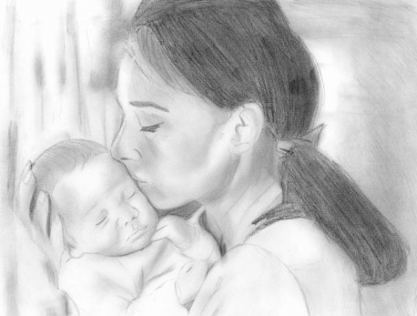 Pencil sketch of Audrey holding baby Sean c.1960 by Damien Guiet - 2008